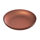A round, shallow pasta bowl with a smooth, matte finish in a copper or reddish-brown color, photographed against a white background. Made from cast aluminum and dishwasher safe, the bowl has gently sloping sides and an even surface.