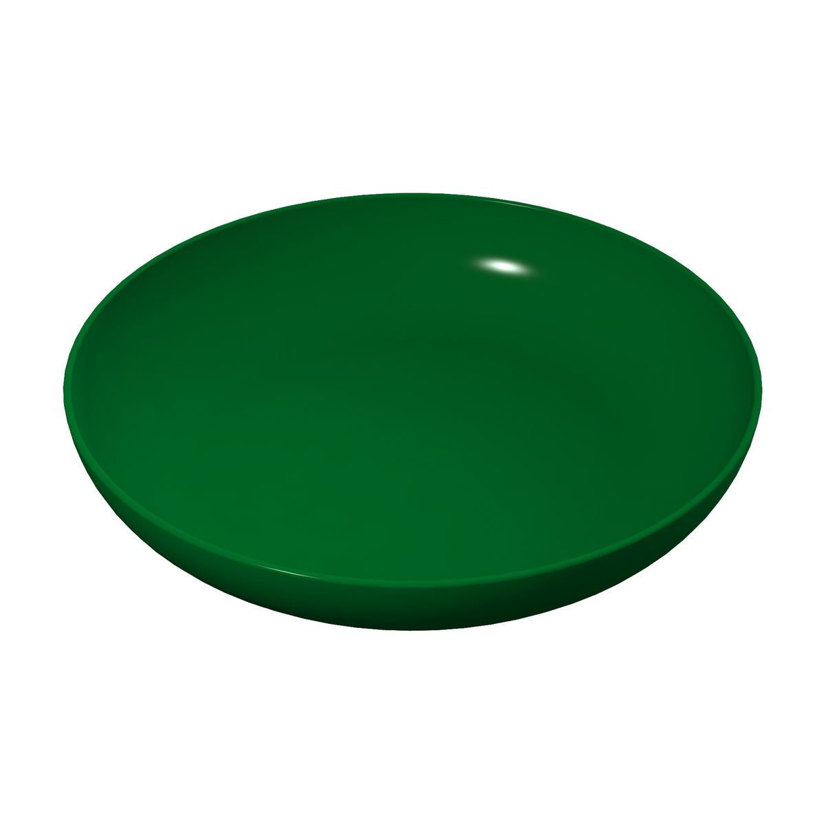 A plain, empty, round green pasta bowl with smooth edges and a shiny surface, viewed from an angle above, against a white background. Dishwasher safe for easy cleaning.