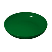 A plain, empty, round green pasta bowl with smooth edges and a shiny surface, viewed from an angle above, against a white background. Dishwasher safe for easy cleaning.