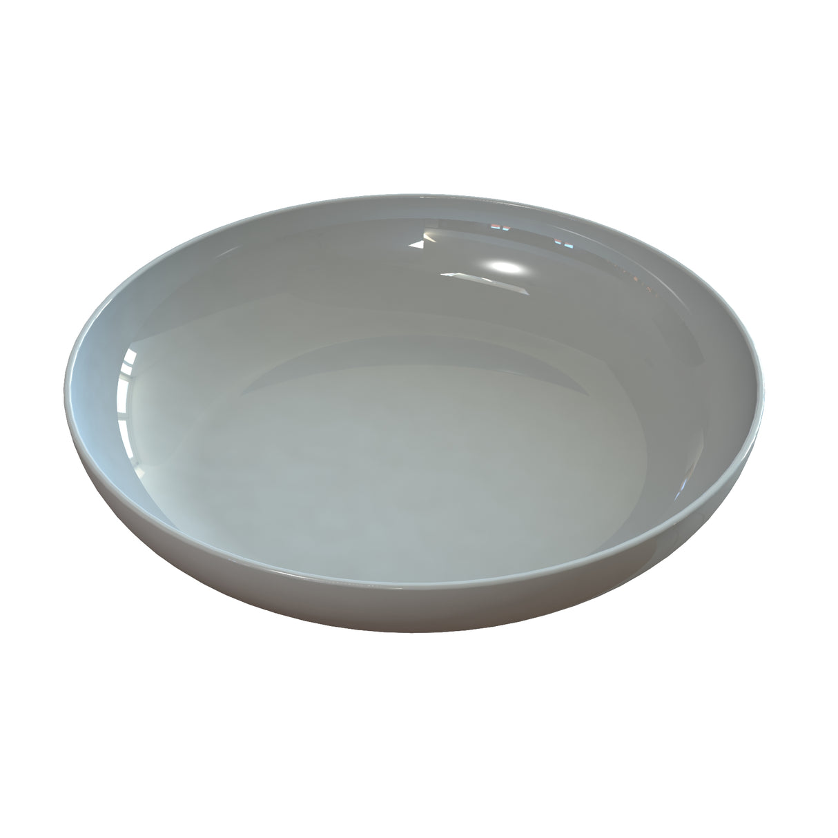 A plain, empty, round ceramic pasta bowl with a smooth, glossy white surface is shown from above. The bowl has slightly curved sides and sits against a white background. Reflections indicate it is dishwasher safe and well-lit.