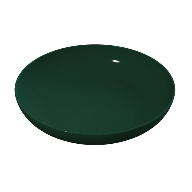 A simple, round, dark green ceramic pasta bowl with a smooth, shiny surface, viewed from a slightly elevated angle against a white background. The bowl is empty and has a minimalist design.