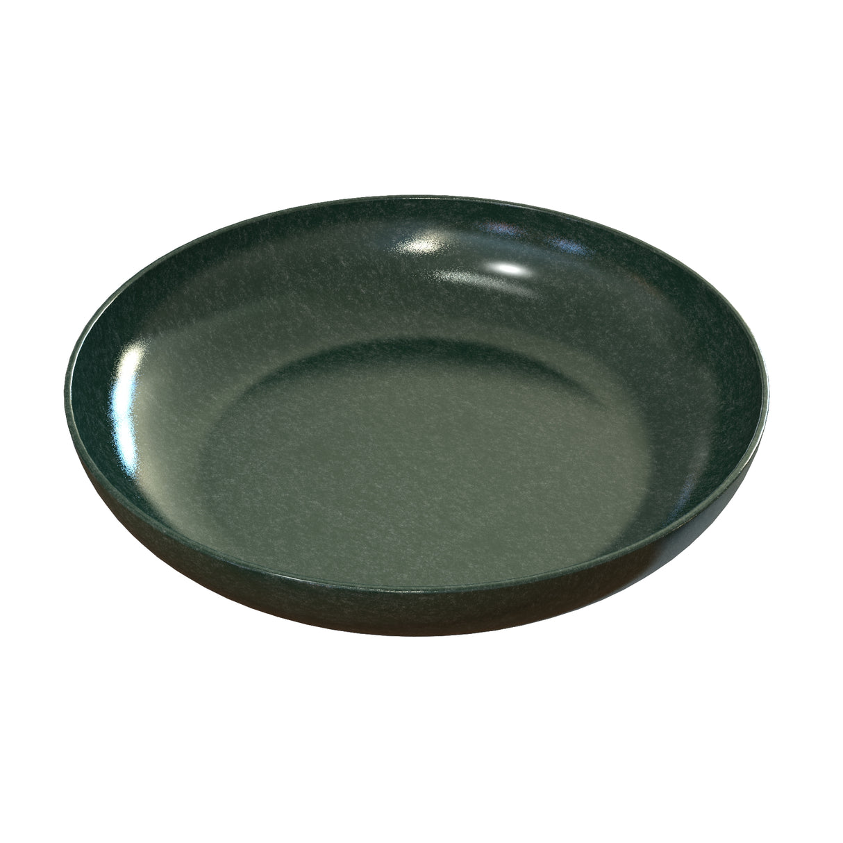 A round, dark green ceramic pasta bowl with a shallow depth and smooth, glossy surface. The plate has a subtle speckled pattern and is photographed on a plain white background, viewed at an angle showing the inner and outer edges.