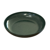 A round, dark green ceramic pasta bowl with a shallow depth and smooth, glossy surface. The plate has a subtle speckled pattern and is photographed on a plain white background, viewed at an angle showing the inner and outer edges.