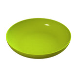 A bright green Pasta Bowl, crafted from cast aluminum, sits on a white background. Its smooth, glossy sides and shallow, round shape are evenly lit, highlighting its clean and simple design—ideal for cold holding.