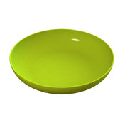 A bright green Pasta Bowl, crafted from cast aluminum, sits on a white background. Its smooth, glossy sides and shallow, round shape are evenly lit, highlighting its clean and simple design—ideal for cold holding.