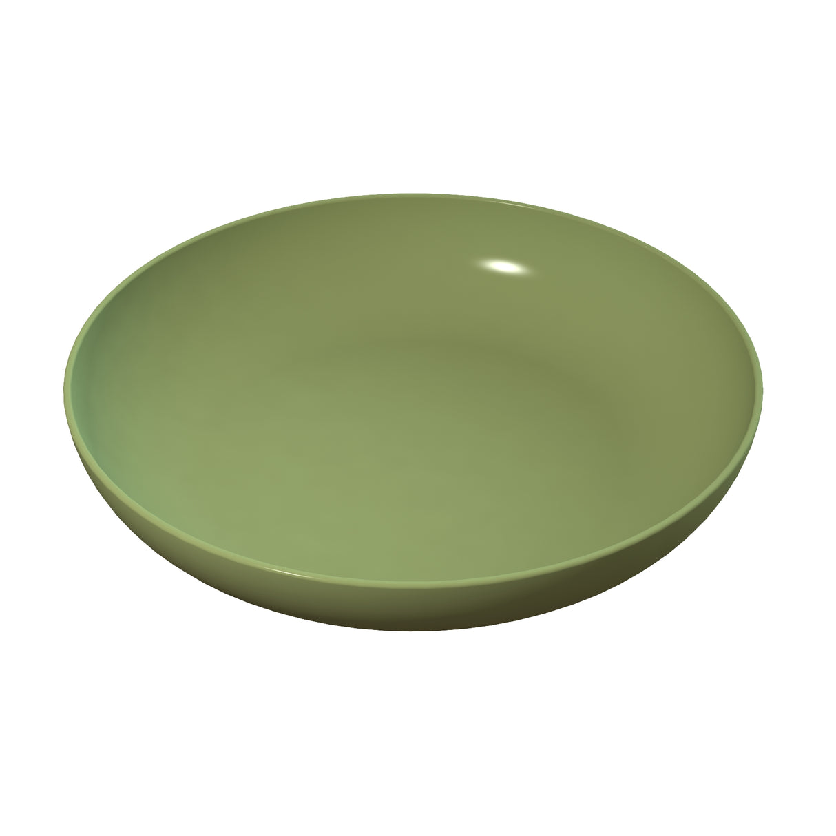 A plain, round, olive green ceramic pasta bowl with smooth sides and shallow depth, viewed from a slightly elevated angle against a white background. The bowl's surface reflects a small light spot, indicating its glossy finish.