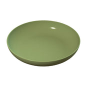 A plain, round, olive green ceramic pasta bowl with smooth sides and shallow depth, viewed from a slightly elevated angle against a white background. The bowl's surface reflects a small light spot, indicating its glossy finish.