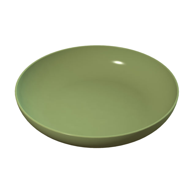 A plain, round, olive green ceramic pasta bowl with smooth sides and shallow depth, viewed from a slightly elevated angle against a white background. The bowl's surface reflects a small light spot, indicating its glossy finish.