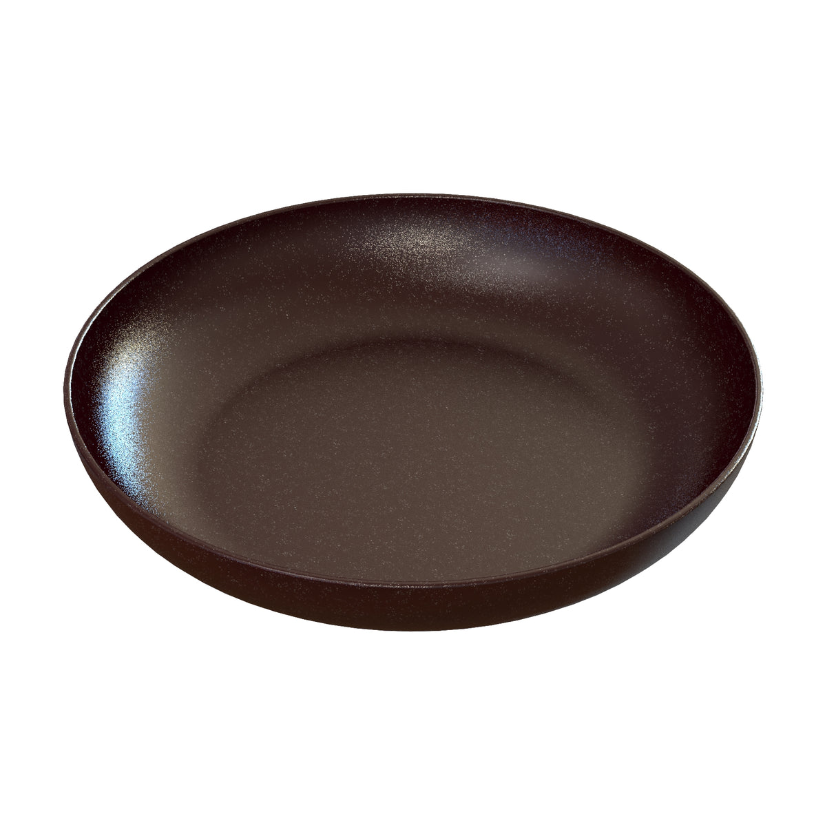 A round, shallow, dark brown ceramic pasta bowl with a slightly raised rim is shown against a white background. The plate has a matte finish, subtle speckled texture, and is ideal for cold holding salads or chilled dishes.