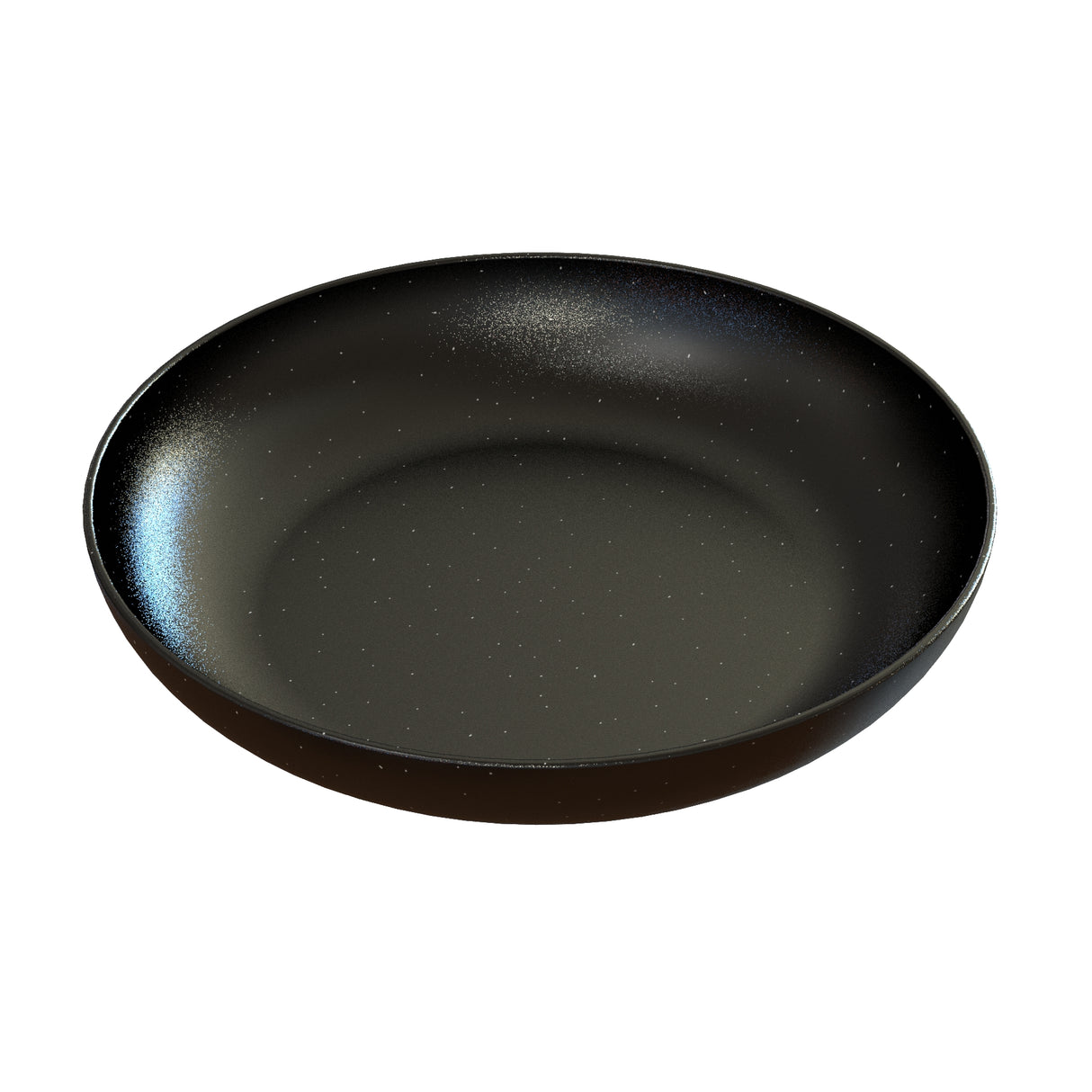 A black, round, shallow plate with a matte finish and subtle white speckles, crafted from cast aluminum. The plate has a slight rim and a smooth, clean surface—durable and dishwasher safe for everyday use.
