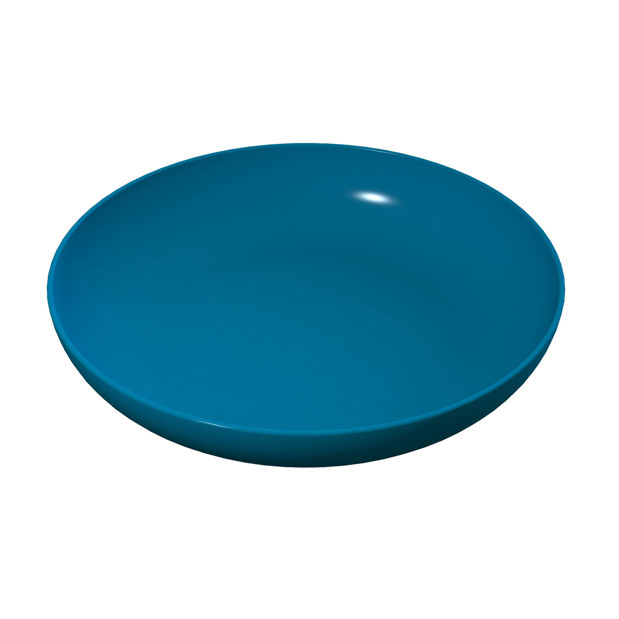A simple, round, deep blue cast aluminum pasta bowl with a smooth, glossy surface is shown against a plain white background. The bowl is empty, and a white highlight reflects off its rim, emphasizing its shiny finish.