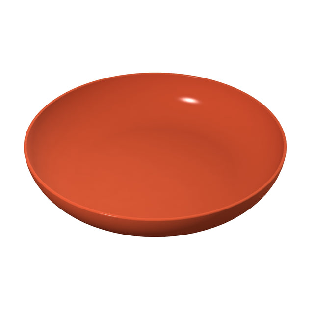 A round, shallow, orange pasta bowl is shown against a plain white background. The bowl has smooth edges, a glossy finish, and is empty. The lighting creates a highlight on the inner rim, emphasizing its curved shape.