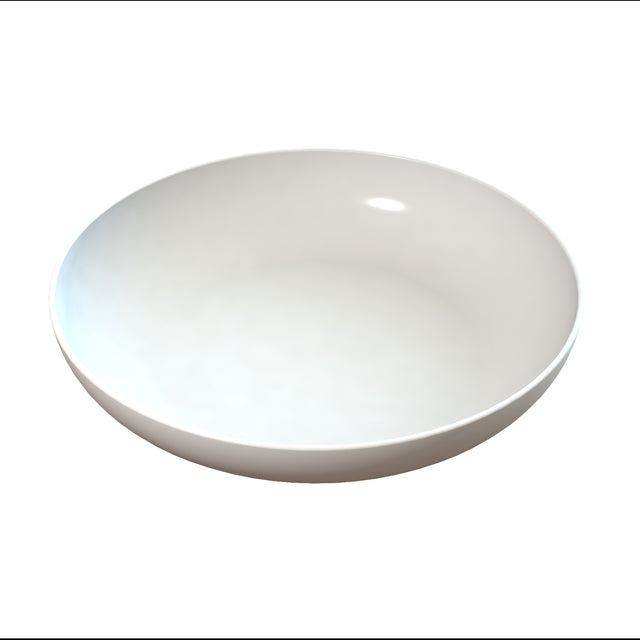 A plain, round, shallow white ceramic pasta bowl is centered on a white background, casting a soft shadow beneath it. The bowl has smooth, clean lines and a glossy surface, with a subtle reflection of light on its inner side.