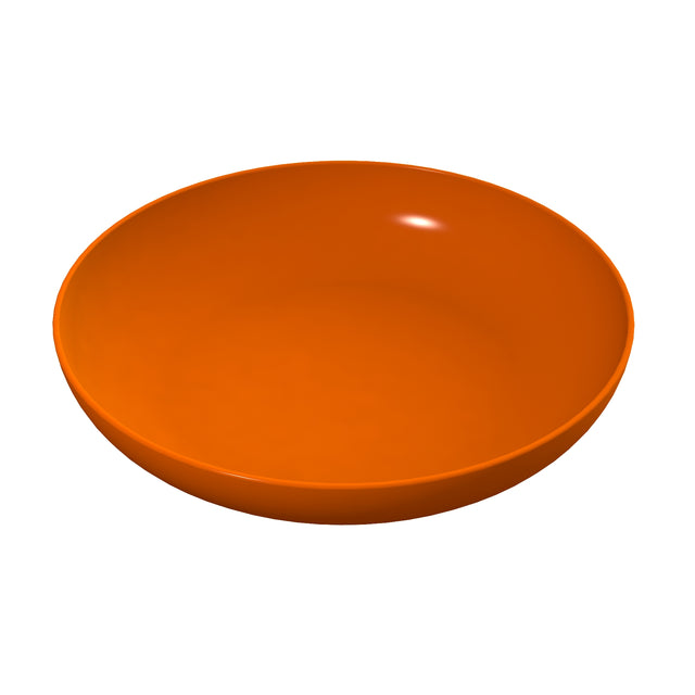A round, shallow, orange pasta bowl with a smooth surface is shown against a white background. Made of cast aluminum, the bowl appears empty and features a glossy finish with a slight shine on its inner side.
