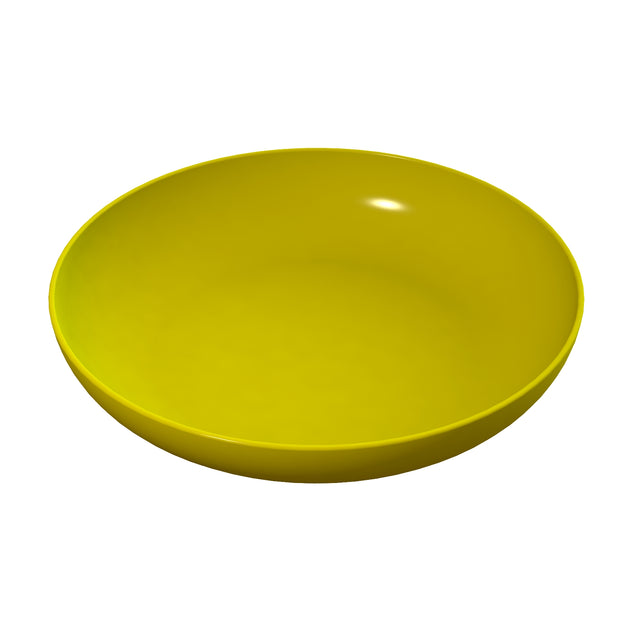 A simple, round, yellow pasta bowl with smooth sides is shown empty against a plain white background. The glossy finish and slight highlight on the rim indicate its shiny surface. This cast aluminum piece is also dishwasher safe for easy cleaning.