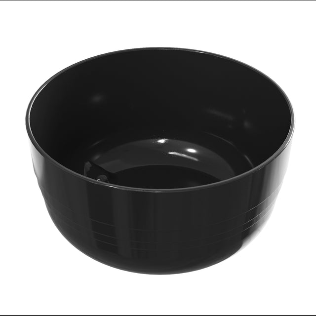 A glossy, empty black cast aluminum bowl with a smooth surface and slight horizontal ridges near its base is shown against a plain white background. The bowl is round, deep, and has a shiny, reflective finish.