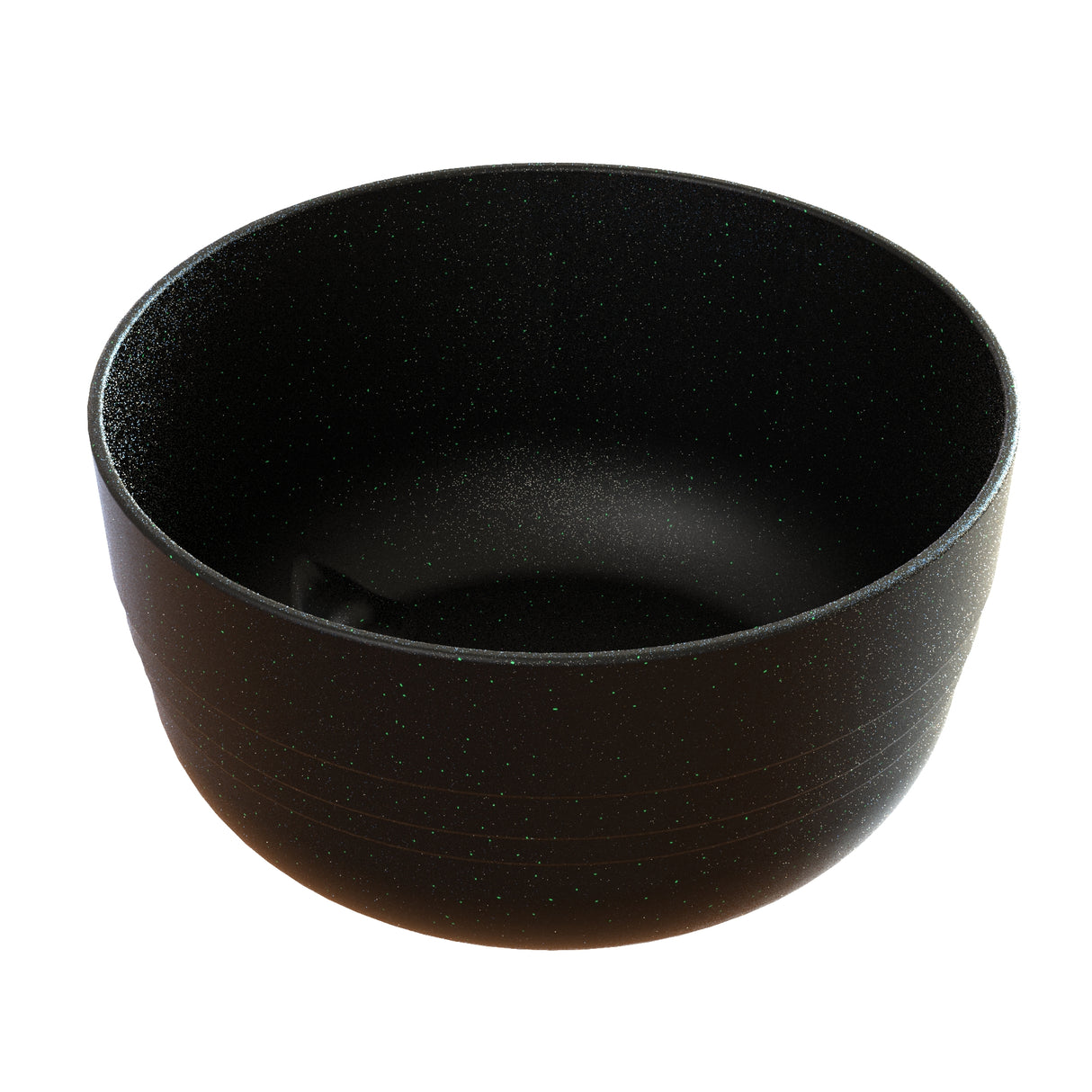 A plain, round, black Duracoat coated cast aluminum bowl with a matte, slightly speckled surface. The smooth, handleless Fruit Bowl is empty and photographed against a white background. It’s also dishwasher safe for easy cleaning.