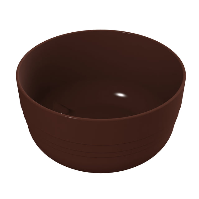 A simple, round, dark brown fruit bowl made of smooth cast aluminum, shown empty against a plain white background. The bowl has a slightly glossy finish with a subtle reflection inside and faint horizontal lines near the base.