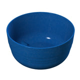 A plain, round, deep blue fruit bowl with a matte texture and slightly curved sides. The bowl is empty, featuring three subtle horizontal grooves near its base. The white background highlights its solid color and simple design.