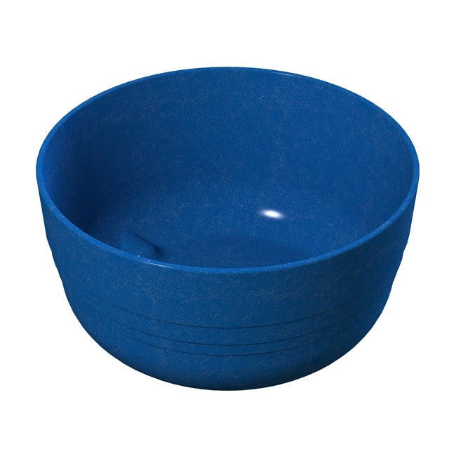 A plain, round, deep blue fruit bowl with a matte texture and slightly curved sides. The bowl is empty, featuring three subtle horizontal grooves near its base. The white background highlights its solid color and simple design.