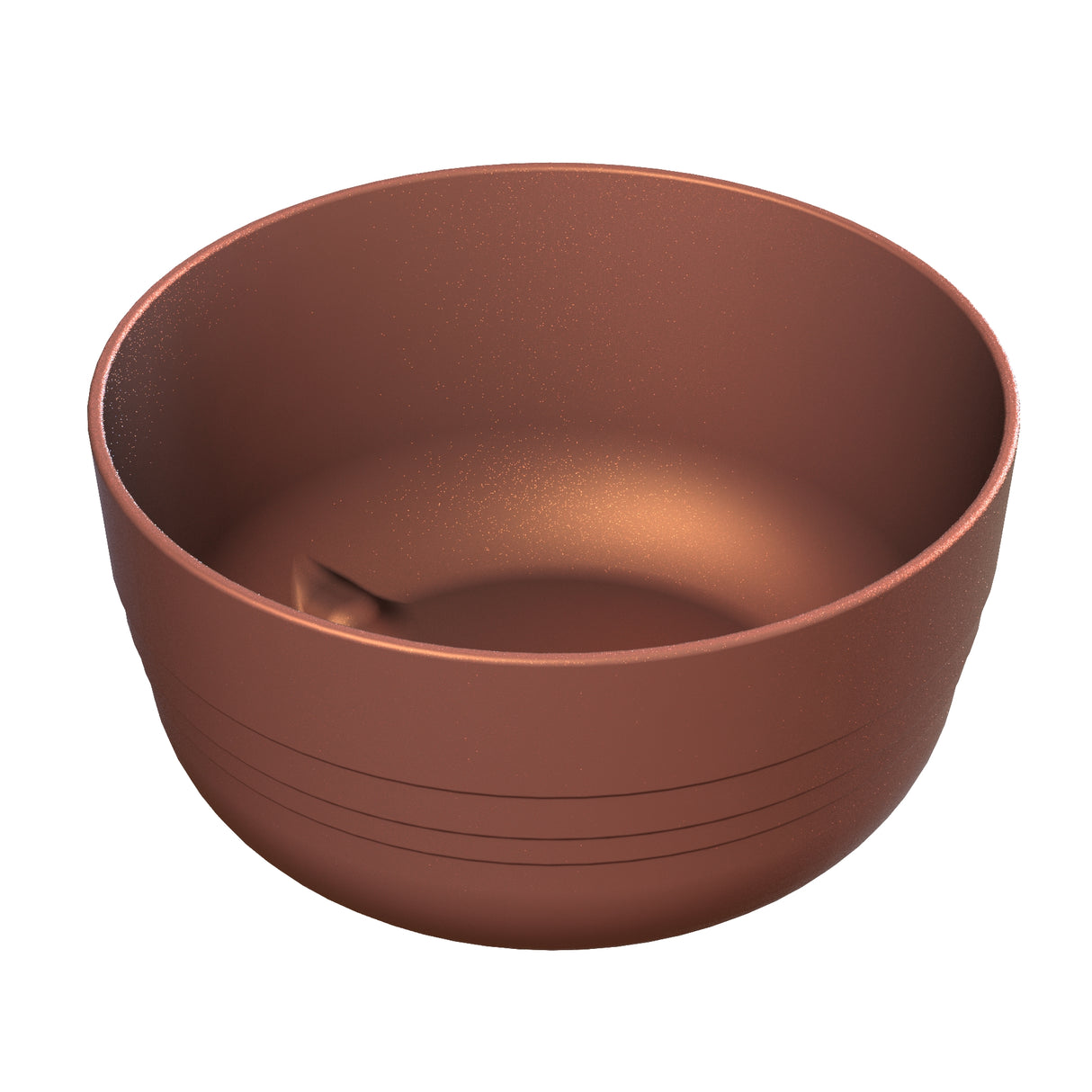 A round, metallic copper bowl with a matte copper finish sits on a white background. Crafted from cast aluminum, the bowl features horizontal grooves near the base and a smooth inner indentation, reflecting soft light and highlighting its texture.