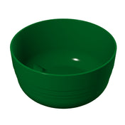 A plain, deep green plastic fruit bowl with a smooth, shiny surface is shown on a white background. The bowl has slightly sloped sides and a small horizontal ridge detail near the bottom.