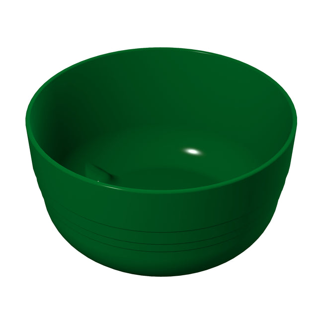 A plain, deep green plastic fruit bowl with a smooth, shiny surface is shown on a white background. The bowl has slightly sloped sides and a small horizontal ridge detail near the bottom.