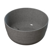 A round, gray, matte-finished cast aluminum bowl with a smooth surface and subtle horizontal grooves near its base. The inside is empty, with a small white reflection on the inner wall. Perfect as a minimalist fruit bowl on a white background.