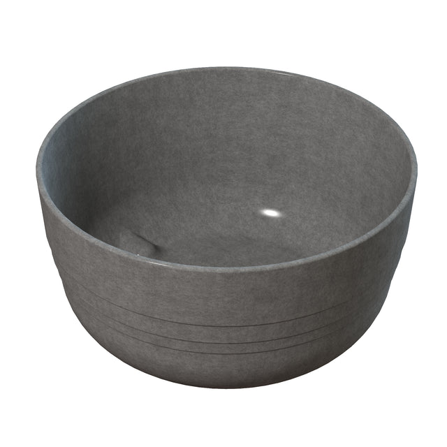 A round, gray, matte-finished cast aluminum bowl with a smooth surface and subtle horizontal grooves near its base. The inside is empty, with a small white reflection on the inner wall. Perfect as a minimalist fruit bowl on a white background.