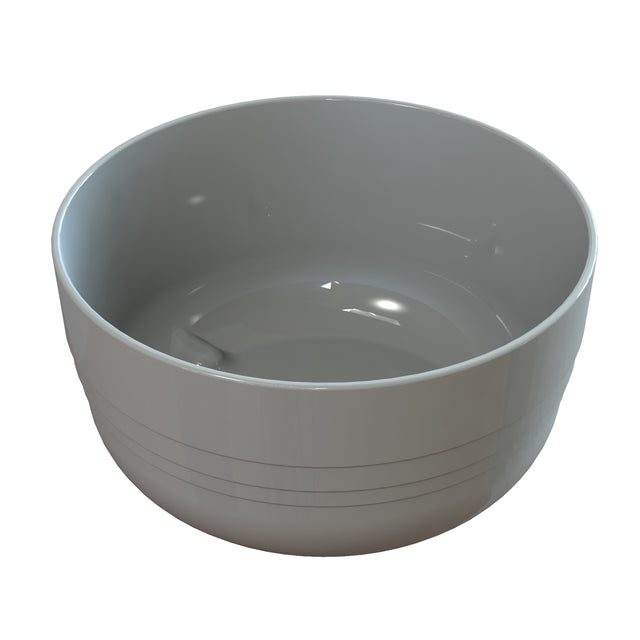 A plain, glossy gray ceramic fruit bowl with a smooth, round shape and subtle horizontal lines near the base, photographed on a white background. The empty bowl reflects light on its surface.