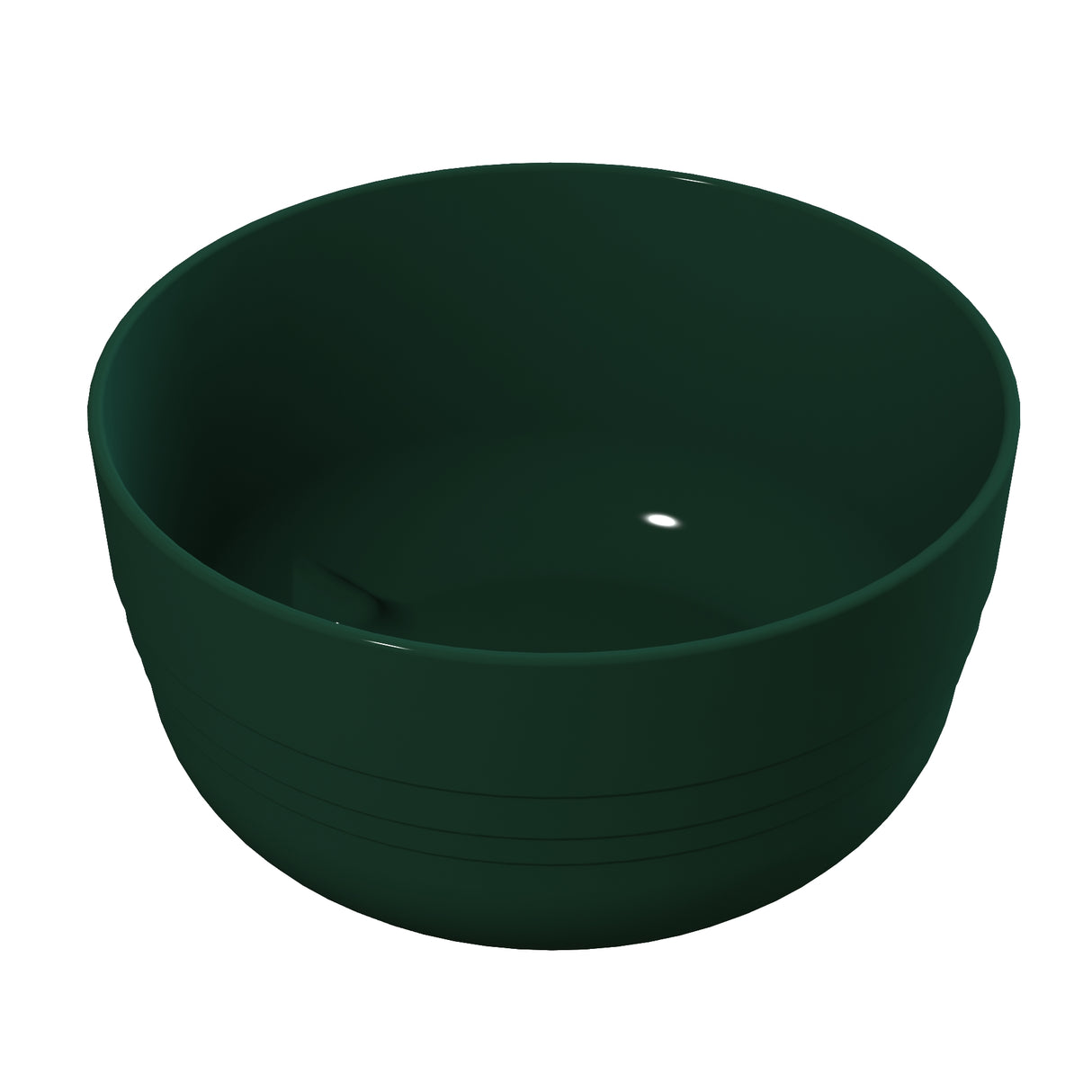 A dark green, round, plastic fruit bowl with smooth sides and a glossy finish is shown on a plain white background. The bowl is empty and viewed from a slightly elevated angle, highlighting its depth and curved interior.