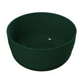 A dark green, round, plastic fruit bowl with smooth sides and a glossy finish is shown on a plain white background. The bowl is empty and viewed from a slightly elevated angle, highlighting its depth and curved interior.