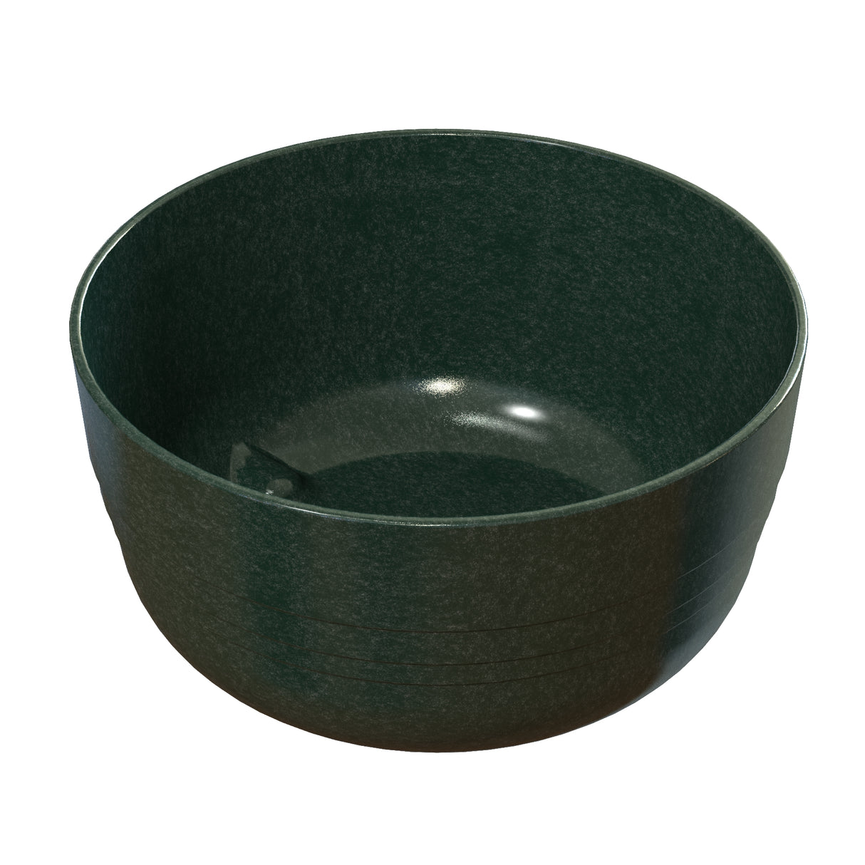 A dark green, round cast aluminum bowl with a smooth, glossy surface. The bowl has slightly outward-sloping sides and horizontal lines near the bottom exterior, giving it a subtle textured look—ideal as a fruit bowl or for cold holding.