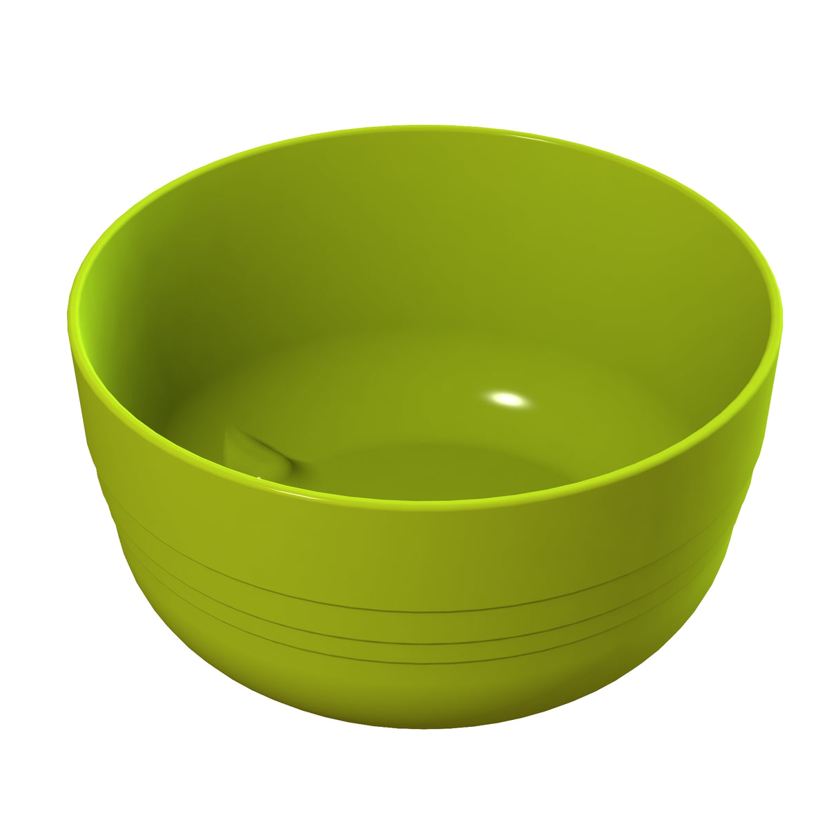 A bright green, round plastic fruit bowl with a smooth surface and simple design sits on a white background. The inside and outside are plain, featuring a glossy finish and faint horizontal lines near the base.