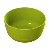 A bright green, round plastic fruit bowl with a smooth surface and simple design sits on a white background. The inside and outside are plain, featuring a glossy finish and faint horizontal lines near the base.