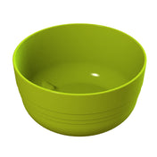 A bright green, round plastic fruit bowl with a smooth surface and simple design sits on a white background. The inside and outside are plain, featuring a glossy finish and faint horizontal lines near the base.