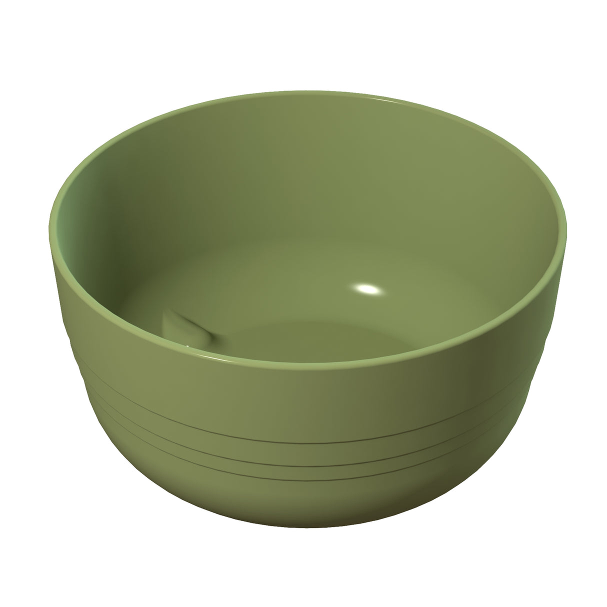 A plain, round, olive-green cast aluminum bowl with a smooth surface and subtle horizontal lines near the base. The empty fruit bowl has a slight sheen, indicating its glossy finish. The background is plain white.