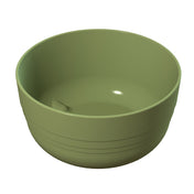 A plain, round, olive-green cast aluminum bowl with a smooth surface and subtle horizontal lines near the base. The empty fruit bowl has a slight sheen, indicating its glossy finish. The background is plain white.