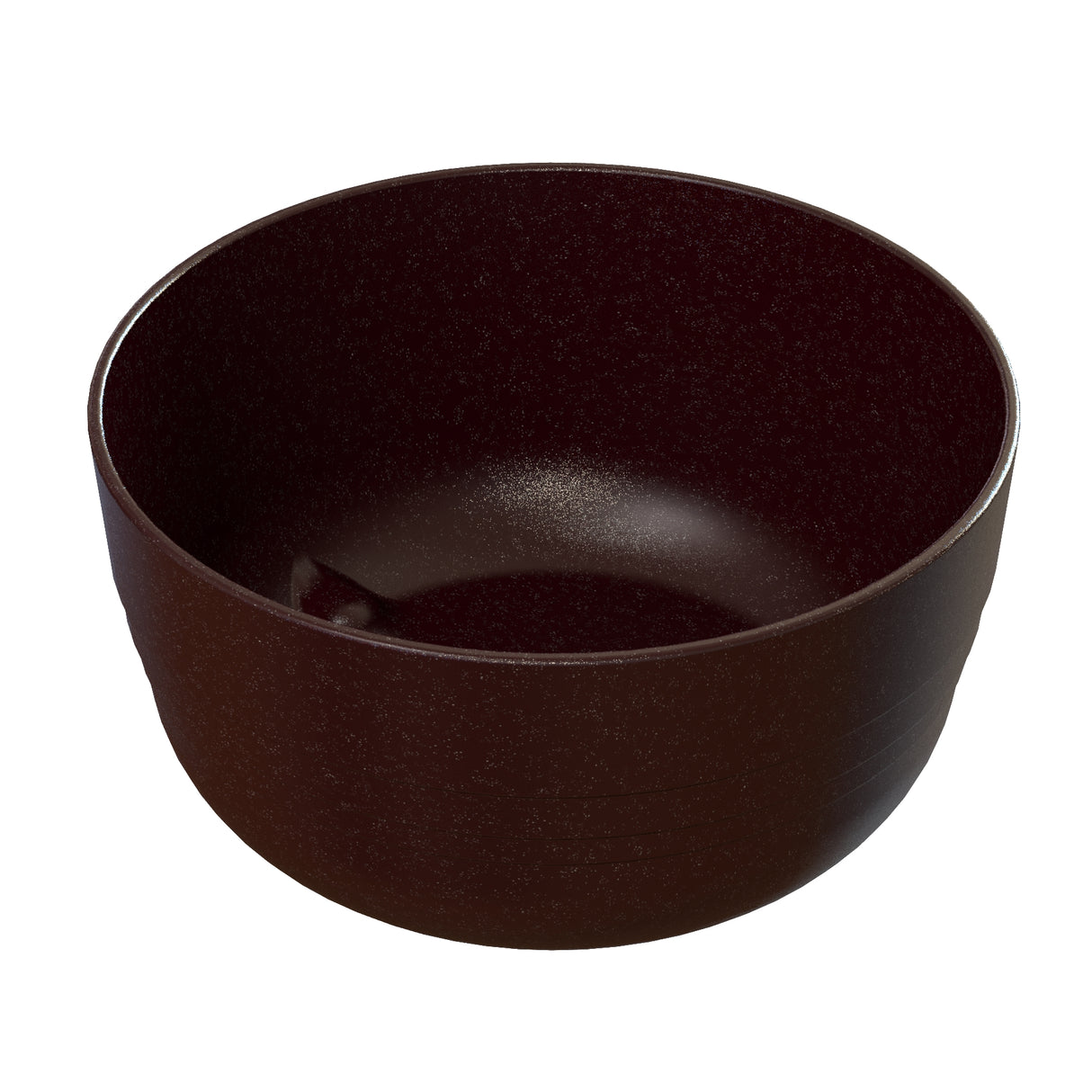 A plain, round, dark brown fruit bowl with a matte finish and slightly textured surface, viewed from an angle above and to the side, set against a white background. The interior and exterior of the bowl are uniformly colored.