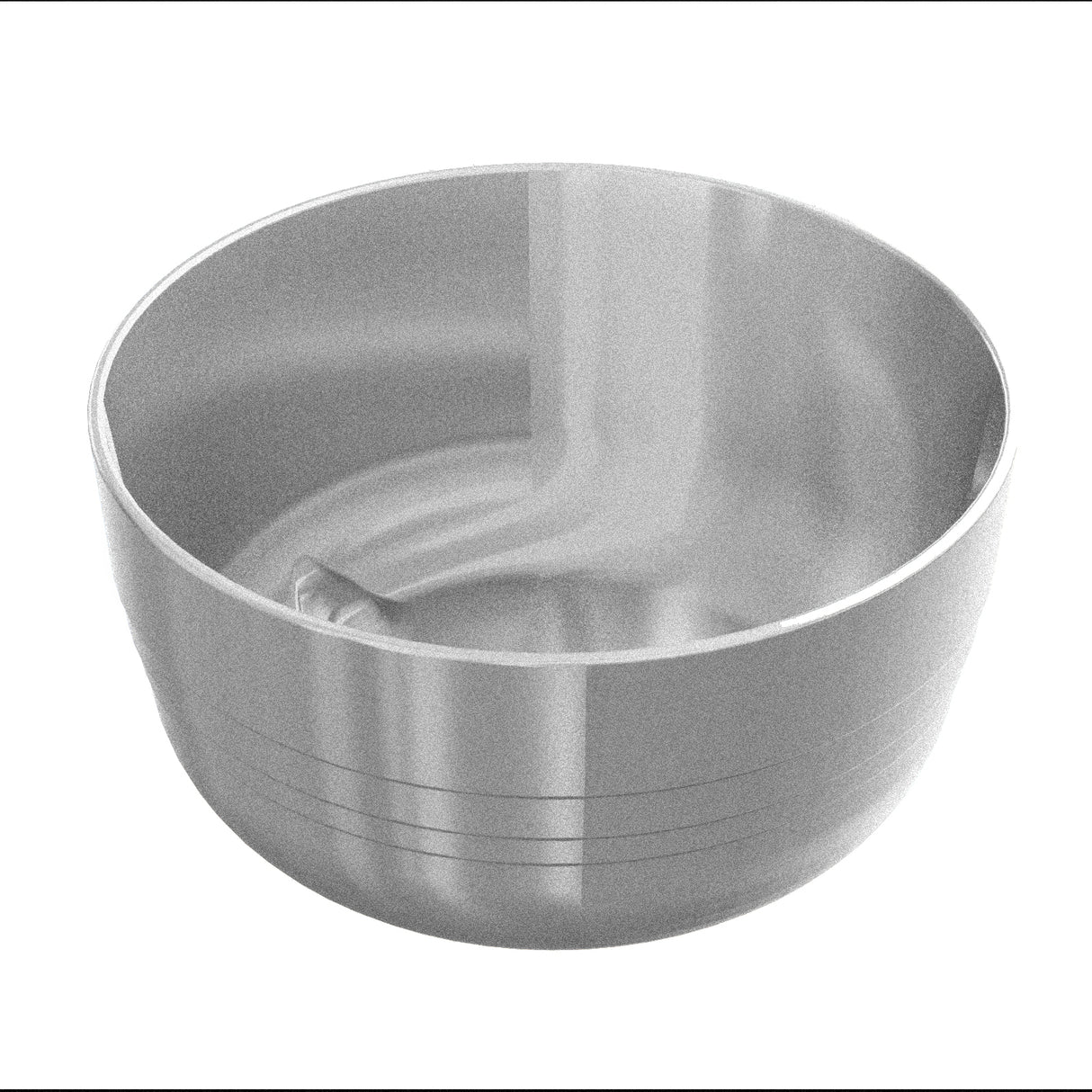 A shiny, empty, stainless steel fruit bowl with a smooth surface and faint horizontal lines around its exterior. The reflective bowl features high walls, a rounded base, and is photographed with a plain white background. Ideal for cold holding.