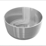 A shiny, empty, stainless steel fruit bowl with a smooth surface and faint horizontal lines around its exterior. The reflective bowl features high walls, a rounded base, and is photographed with a plain white background. Ideal for cold holding.