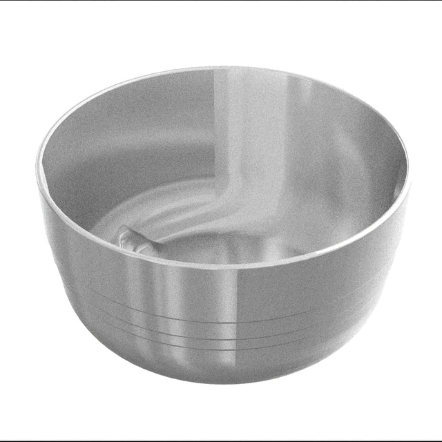 A shiny, empty, stainless steel fruit bowl with a smooth surface and faint horizontal lines around its exterior. The reflective bowl features high walls, a rounded base, and is photographed with a plain white background. Ideal for cold holding.