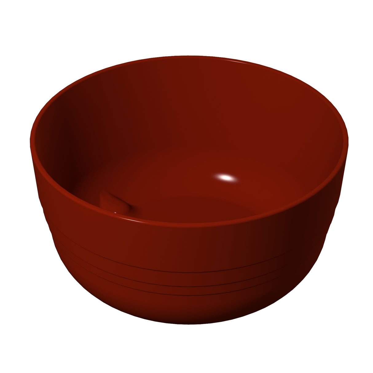 A simple, empty, round fruit bowl with smooth sides and a glossy dark reddish-brown finish, shown against a plain white background. The bowl has subtle horizontal grooves near its base.
