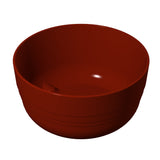 A simple, empty, round fruit bowl with smooth sides and a glossy dark reddish-brown finish, shown against a plain white background. The bowl has subtle horizontal grooves near its base.