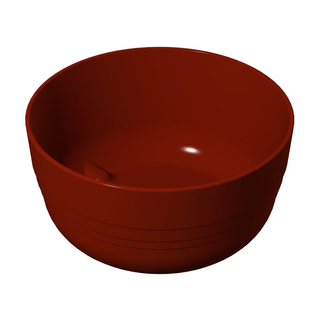 A simple, empty, round fruit bowl with smooth sides and a glossy dark reddish-brown finish, shown against a plain white background. The bowl has subtle horizontal grooves near its base.