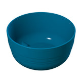 A plain, round, deep blue plastic fruit bowl with a smooth surface and subtle horizontal ridges near the base, shown on a white background. The bowl is empty, and a small highlight reflects off the inner surface.