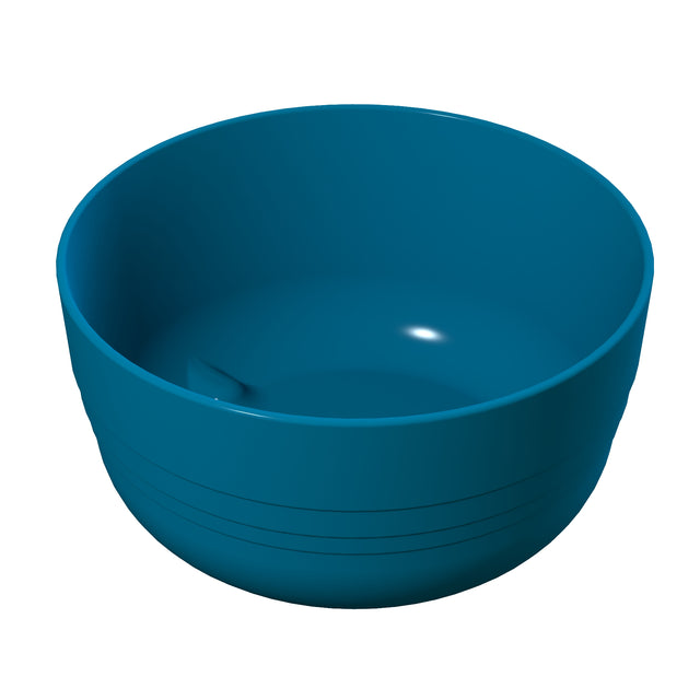 A plain, round, deep blue plastic fruit bowl with a smooth surface and subtle horizontal ridges near the base, shown on a white background. The bowl is empty, and a small highlight reflects off the inner surface.