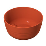 A plain, round, orange fruit bowl with a smooth surface and subtle horizontal lines near the bottom, shown on a white background. The bowl has a small raised tab or ridge on the inner side.