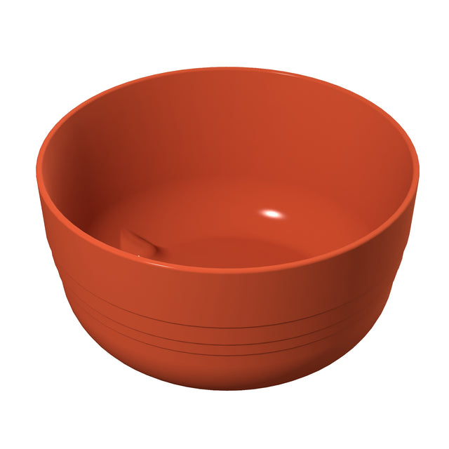 A plain, round, orange fruit bowl with a smooth surface and subtle horizontal lines near the bottom, shown on a white background. The bowl has a small raised tab or ridge on the inner side.
