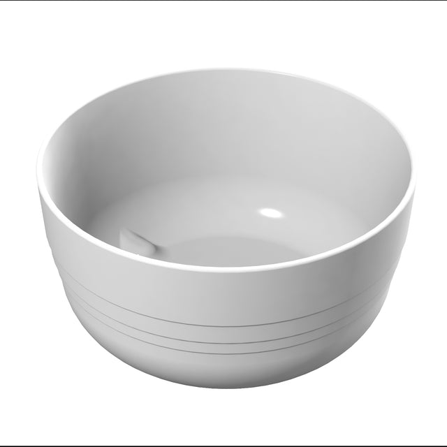 A plain, white, round fruit bowl with smooth sides and three subtle horizontal lines near the base. The glossy interior is empty, featuring a small tab on the inner wall. Ideal for cold holding, the bowl sits against a white background.
